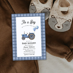 Blue Gingham Tractor Balloon Baby Shower Invitation