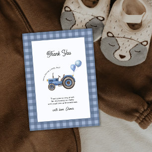 Blue Gingham Tractor Balloon Boy Baby Shower Thank You Card