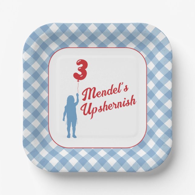 Blue Gingham Upsherin Paper Plates (Front)