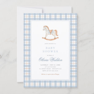 Blue Gingham Vintage Rocking Horse Baby Shower Invitation