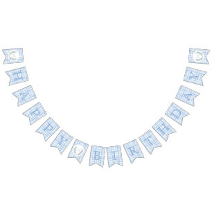 Blue Gingham Watercolor Laurel Crest Bunting