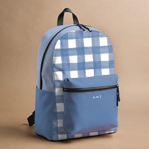 Blue Gingham Watercolor Personalised Name Initials Printed Backpack