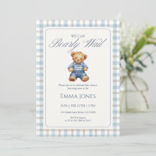 Blue Gingham We Can Bearly Wait baby shower Invitation