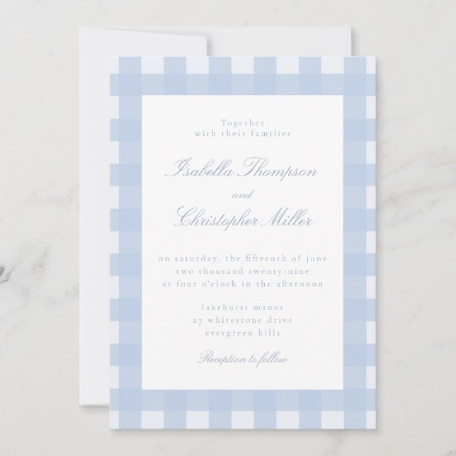Blue Gingham Wedding Invitation (Front)