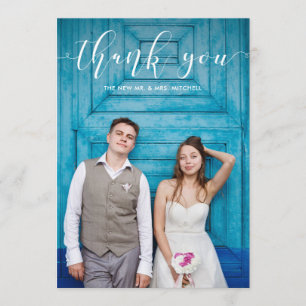 Blue Gingham Wedding Thank You with Photo Card