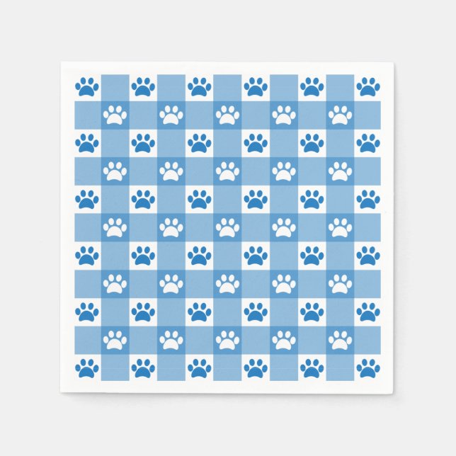 Blue Gingham with Paw Prints Picnic Party Napkin (Front)