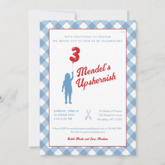 Blue Gingham with Red Balloon Upsherin Invitation