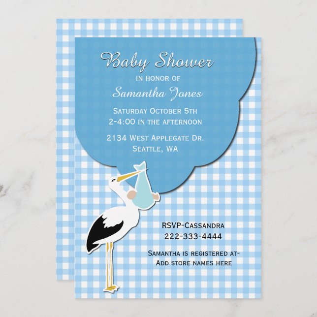 Blue Gingham with Stork Baby Shower Invitation (Front/Back)