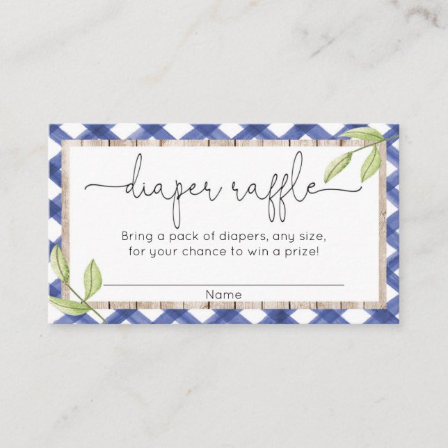 Blue gingham wood bbq summer diaper raffle enclosure card (Front)