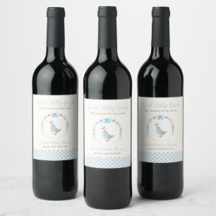 Blue Gingham Woodland Silly Goose Baby Shower Wine Label