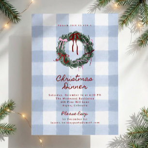 Blue Gingham Wreath Christmas Dinner Party Invitation