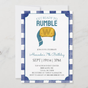 Blue Gingham Wrestling Birthday Party Invitation
