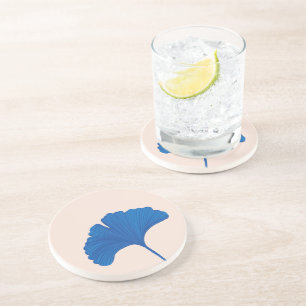Blue Ginkgo Leaf Customisable Background Colours Coaster