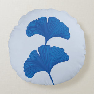 Blue Ginkgo Leaf  Customisable Background Colours  Round Cushion