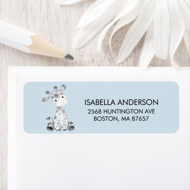 Blue Giraffe Baby Shower Address Label (Insitu)