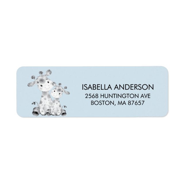 Blue Giraffe Baby Shower Address Label (Front)