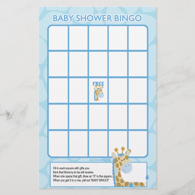 Blue Giraffe Baby Shower Bingo Game (Front)