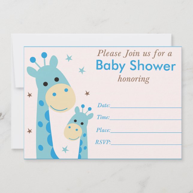 Blue giraffe baby shower invitation (Front)