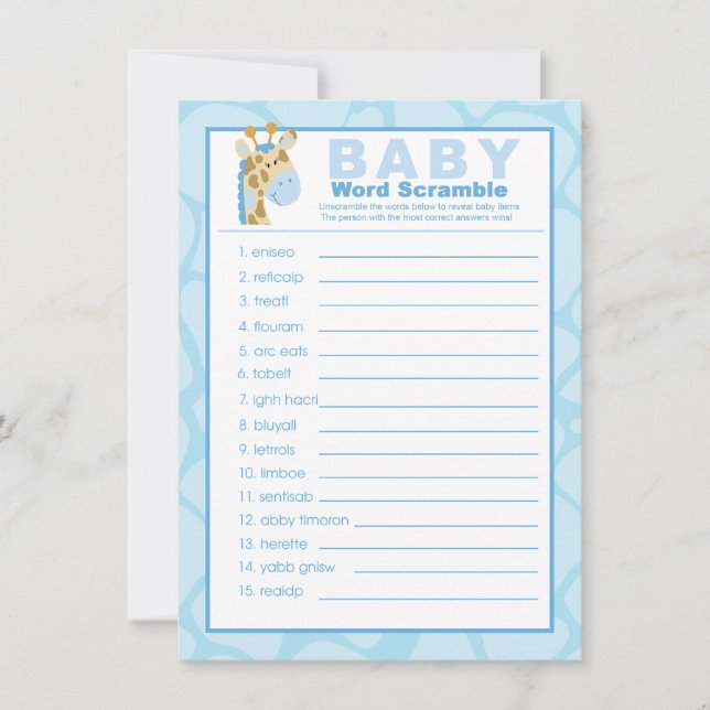Blue Giraffe Baby Shower Word Scramble Game (Front)
