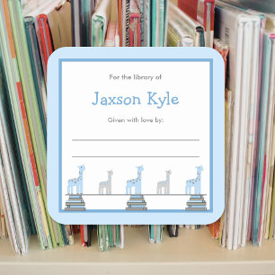 Blue Giraffe Boy Baby Shower Bookplates Square Sticker