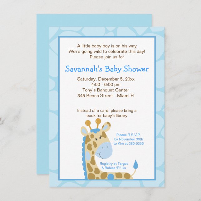 Blue Giraffe Boy Baby Shower Invitation (Front/Back)