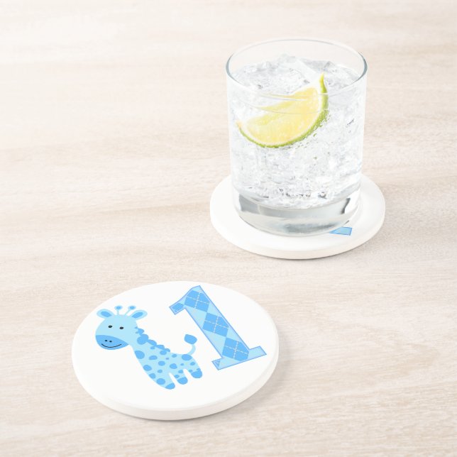 Blue Giraffe First Birthday Coaster (Side)