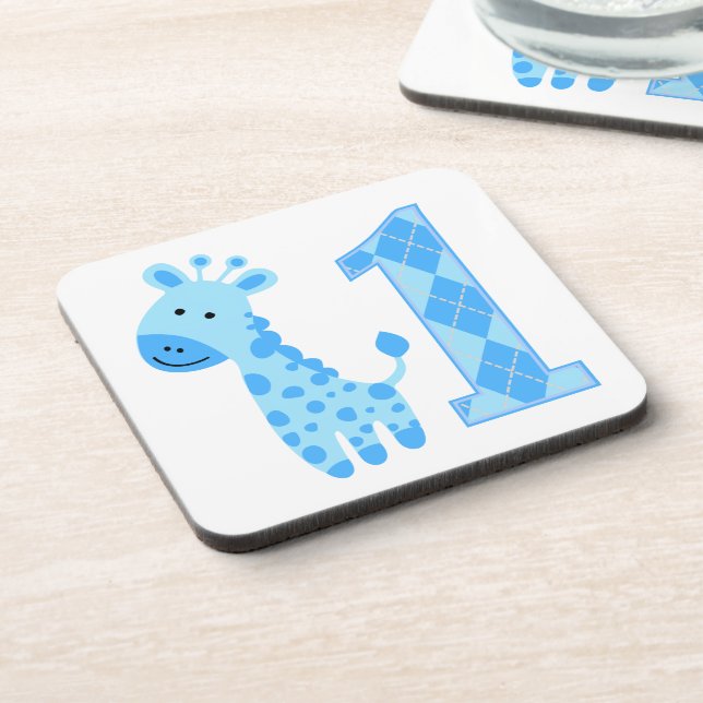 Blue Giraffe First Birthday Coaster (Left Side)
