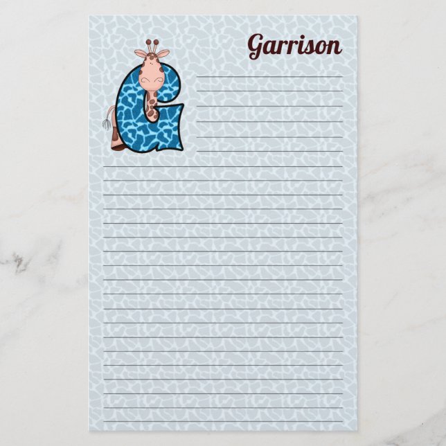 Blue Giraffe Mongrammed G Lined Stationery (Front)