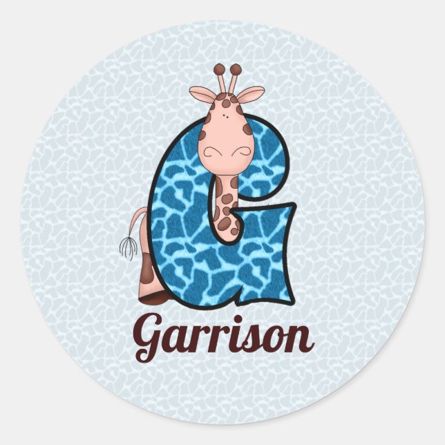 Blue Giraffe Monogrammed Letter G with Name Classic Round Sticker (Front)