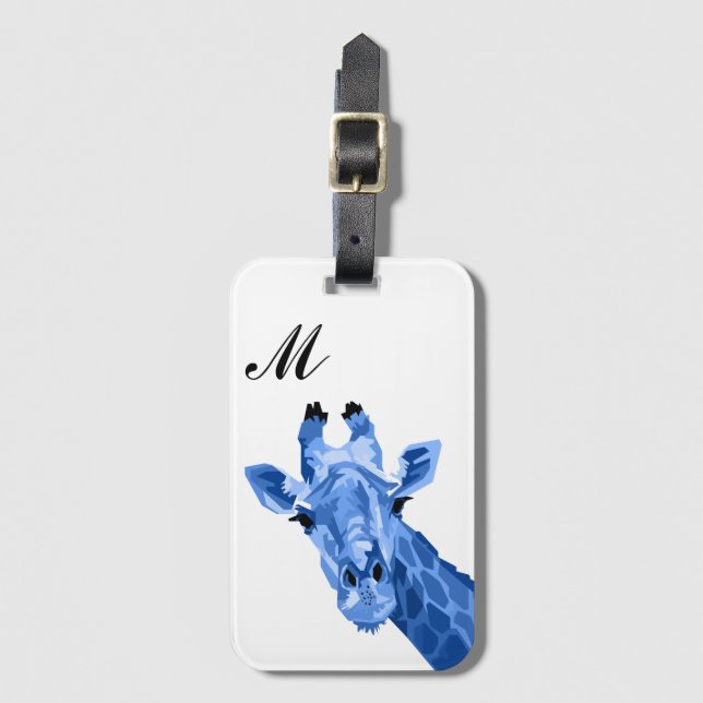 Blue Giraffe Pop Art Monogram Luggage Tag (Front Vertical)