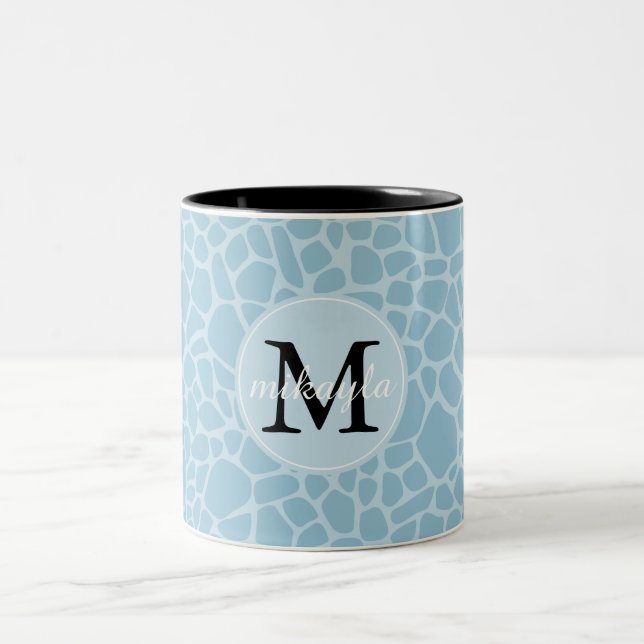 Blue Giraffe Print Monogram Two-Tone Coffee Mug (Center)