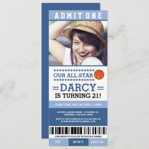 Blue Girl Basketball Ticket Birthday Invites