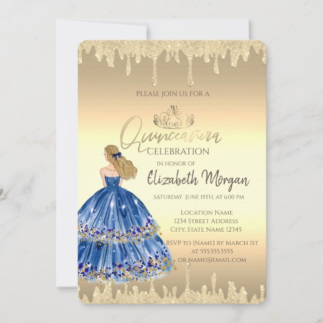 Blue Girl,Tiara,Glitter Drips Gold Quinceañera Invitation (Front)