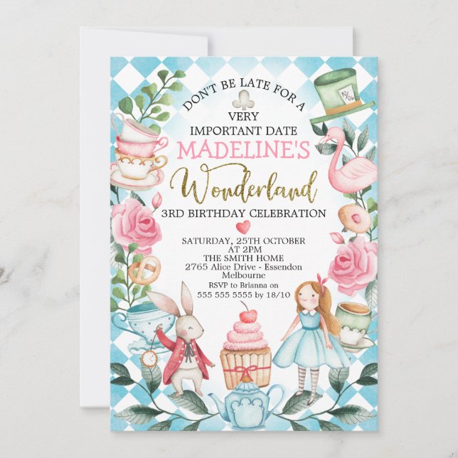 Blue Girls Alice In Wonderland Birthday Invitation (Front)