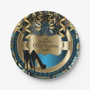 Blue Girly  Birthday with Gold & Black High Heels Paper Plate