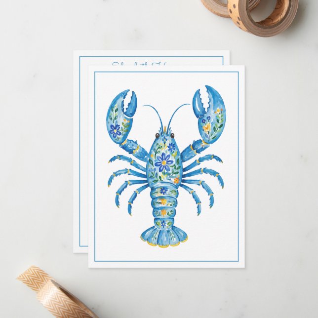 Blue Girly Floral Lobster Personalised Card (Front/Back In Situ)