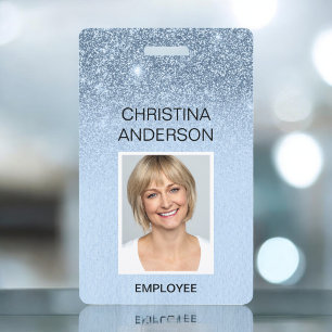 Blue Girly Glitter Employee Name Photo Corporate ID Badge