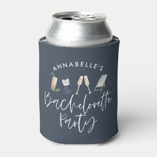 Blue girly modern cocktail script bachelorette can cooler (Can Front)