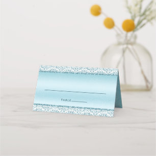 Blue Glam Damask Glitter Monogram Wedding Place Card