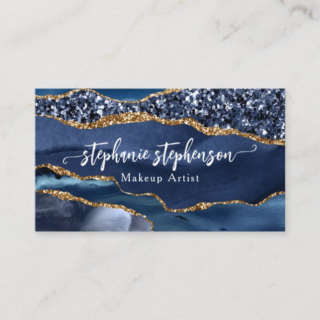 Blue Glam Glitter Agate Fashion Stylist Modern Business Card (Front)