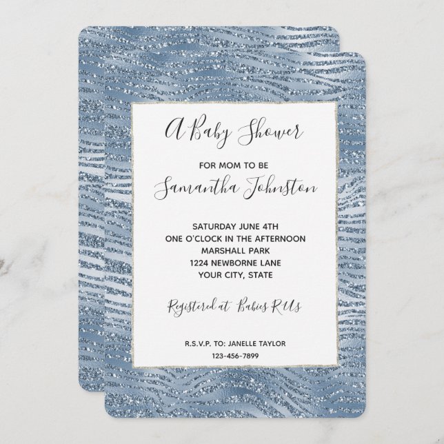 Blue Glam Glitter Zebra Print Baby Shower Invitation (Front/Back)