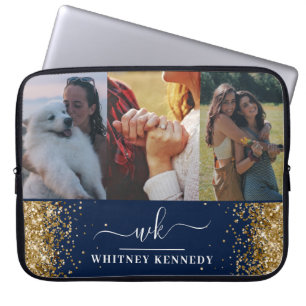Blue Glam Gold Glitter 3 Photo Collage Monogrammed Laptop Sleeve