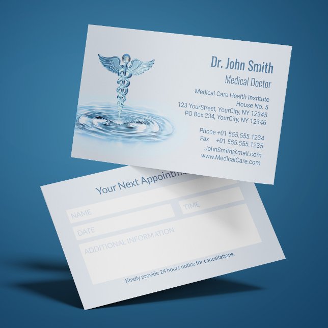 Blue Glass Caduceus Water Waves Notes Box Medical Appointment Card (Creator Uploaded)