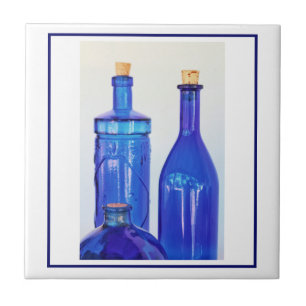Blue Glass Corked Lined Up Bottles Tile
