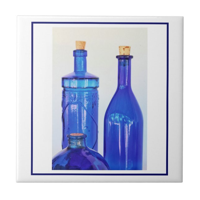 Blue Glass Corked Lined Up Bottles Tile (Front)