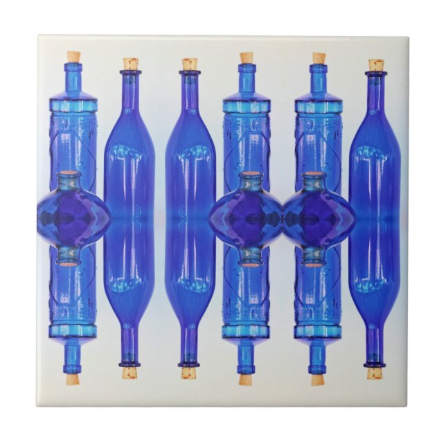 Blue Glass Corked Lined Up Bottles Tile (Front)