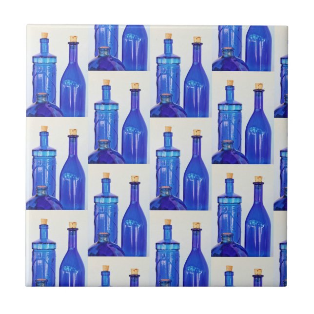Blue Glass Corked Lined Up Bottles Tile (Front)
