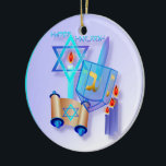 Blue Glass Dreidel-Happy Hanukkah Ceramic Tree Decoration<br><div class="desc">Lights 'n' Flying dreidels.  A great and wonderful season.  Wondrous Miracle.</div>