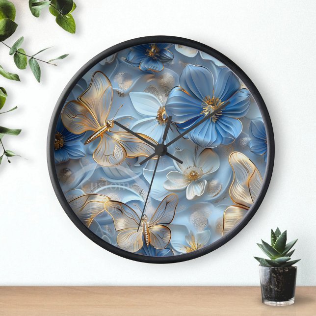 Blue Glass Golden Butterflies On Flower 3D Art Clock (Creator Uploaded)