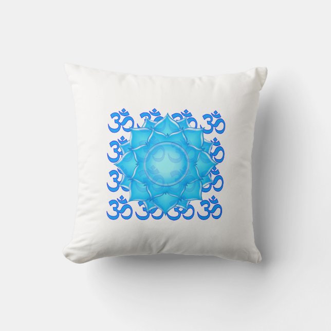 Blue Glass Lotus Flower Drawing With Om Pattern Cushion (Front)